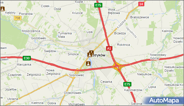 mapa Stryków powiat zgierski, Stryków powiat zgierski na mapie Targeo