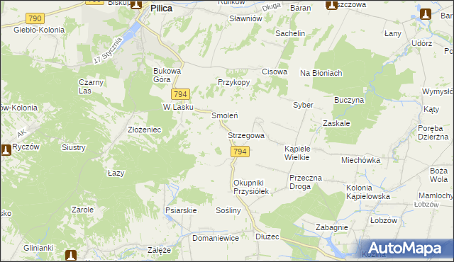 mapa Strzegowa gmina Wolbrom, Strzegowa gmina Wolbrom na mapie Targeo