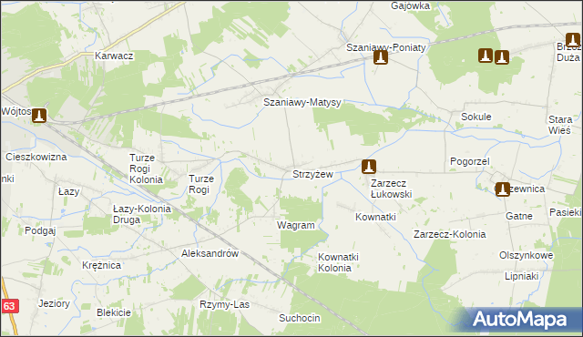 mapa Strzyżew gmina Łuków, Strzyżew gmina Łuków na mapie Targeo