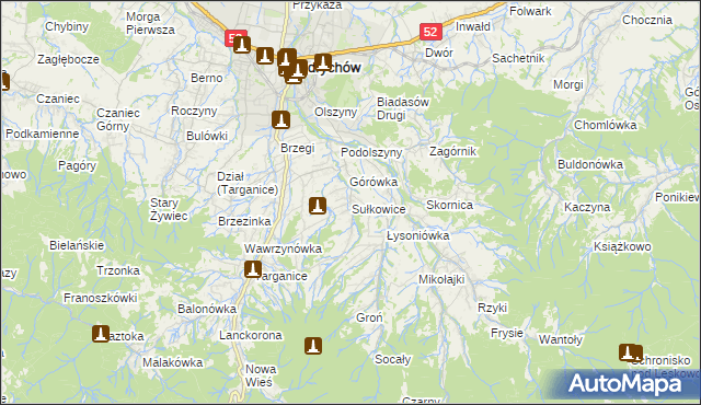 mapa Sułkowice gmina Andrychów, Sułkowice gmina Andrychów na mapie Targeo