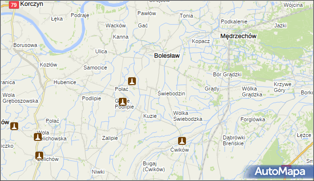 mapa Świebodzin gmina Bolesław, Świebodzin gmina Bolesław na mapie Targeo