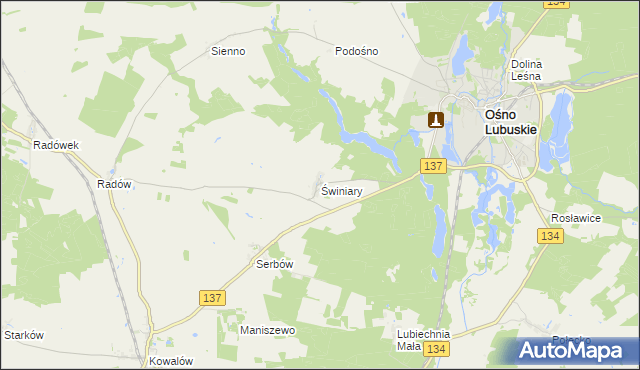 mapa Świniary gmina Ośno Lubuskie, Świniary gmina Ośno Lubuskie na mapie Targeo