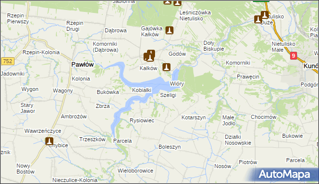 mapa Szeligi gmina Pawłów, Szeligi gmina Pawłów na mapie Targeo