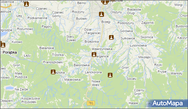 mapa Targanice, Targanice na mapie Targeo