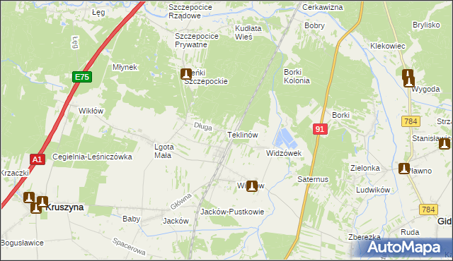 mapa Teklinów gmina Kruszyna, Teklinów gmina Kruszyna na mapie Targeo