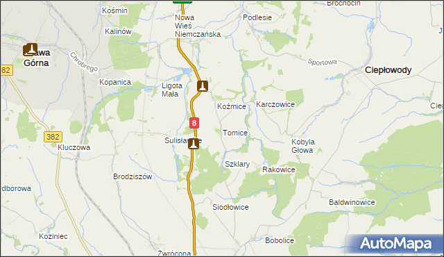 mapa Tomice gmina Ciepłowody, Tomice gmina Ciepłowody na mapie Targeo