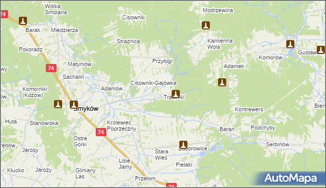 mapa Trawniki gmina Smyków, Trawniki gmina Smyków na mapie Targeo