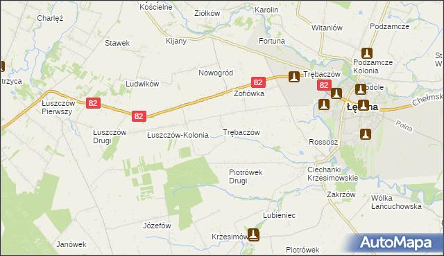 mapa Trębaczów gmina Łęczna, Trębaczów gmina Łęczna na mapie Targeo