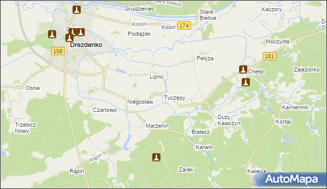 mapa Tuczępy gmina Drezdenko, Tuczępy gmina Drezdenko na mapie Targeo