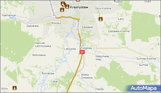mapa Tuligłowy gmina Krasnystaw, Tuligłowy gmina Krasnystaw na mapie Targeo