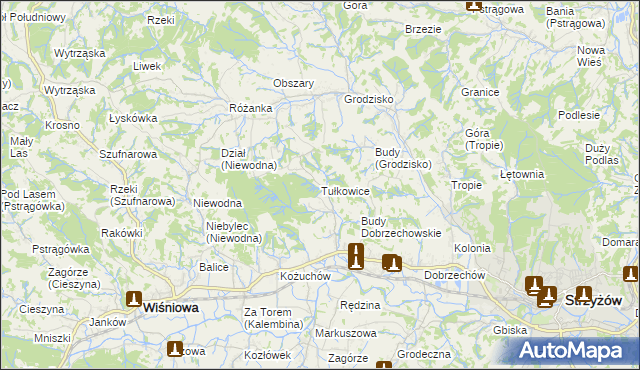 mapa Tułkowice gmina Wiśniowa, Tułkowice gmina Wiśniowa na mapie Targeo