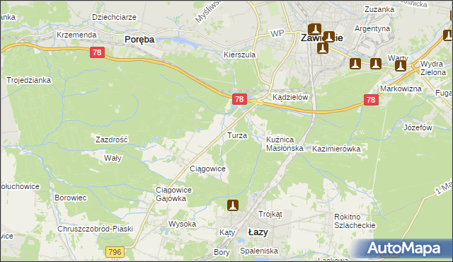 mapa Turza gmina Łazy, Turza gmina Łazy na mapie Targeo