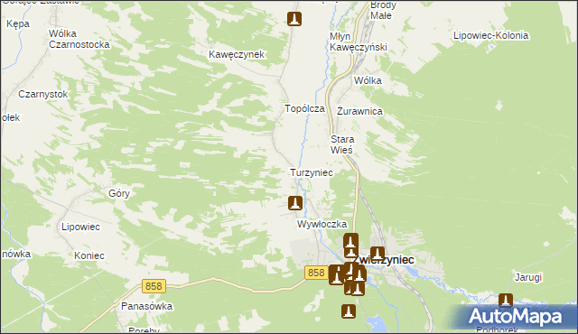 mapa Turzyniec gmina Zwierzyniec, Turzyniec gmina Zwierzyniec na mapie Targeo