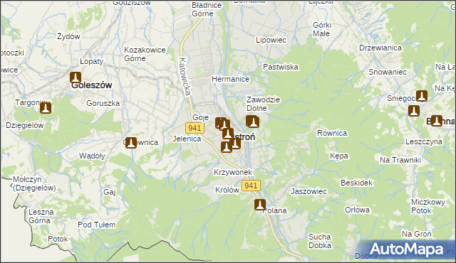 mapa Ustroń powiat cieszyński, Ustroń powiat cieszyński na mapie Targeo