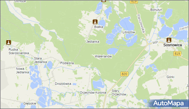 mapa Walerianów gmina Sosnowica, Walerianów gmina Sosnowica na mapie Targeo