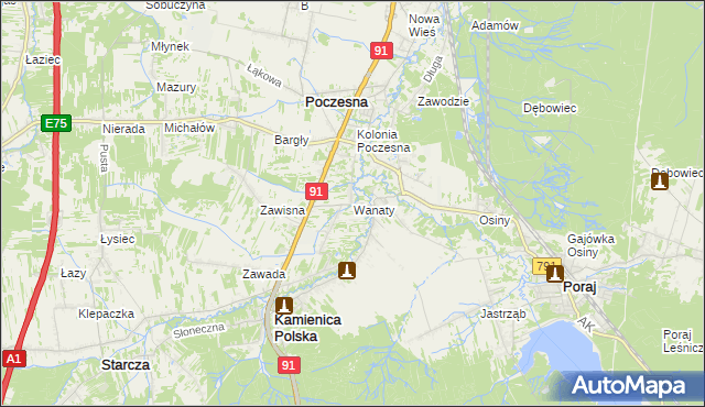 mapa Wanaty gmina Kamienica Polska, Wanaty gmina Kamienica Polska na mapie Targeo