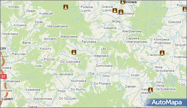 mapa Węglówka gmina Wiśniowa, Węglówka gmina Wiśniowa na mapie Targeo