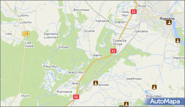 mapa Wełna gmina Rogoźno, Wełna gmina Rogoźno na mapie Targeo