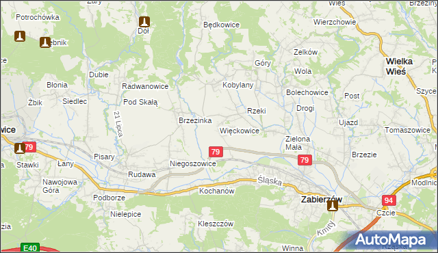 mapa Więckowice gmina Zabierzów, Więckowice gmina Zabierzów na mapie Targeo