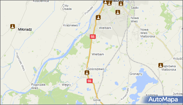 mapa Wielbark gmina Malbork, Wielbark gmina Malbork na mapie Targeo
