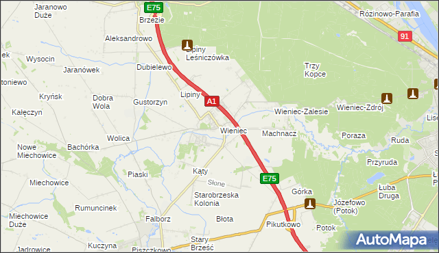 mapa Wieniec gmina Brześć Kujawski, Wieniec gmina Brześć Kujawski na mapie Targeo