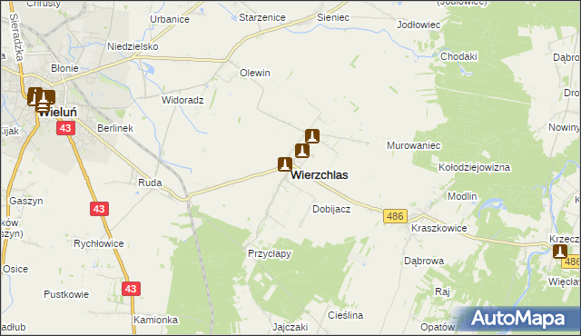 mapa Wierzchlas powiat wieluński, Wierzchlas powiat wieluński na mapie Targeo