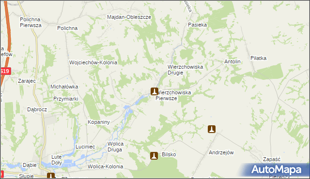 mapa Wierzchowiska Pierwsze gmina Modliborzyce, Wierzchowiska Pierwsze gmina Modliborzyce na mapie Targeo