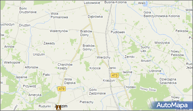 mapa Wierzchy gmina Zadzim, Wierzchy gmina Zadzim na mapie Targeo