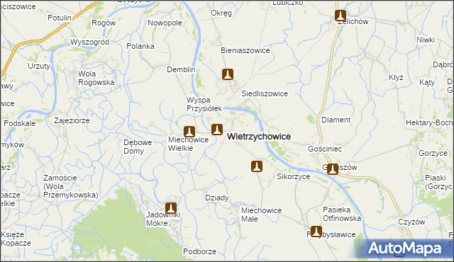 mapa Wietrzychowice powiat tarnowski, Wietrzychowice powiat tarnowski na mapie Targeo