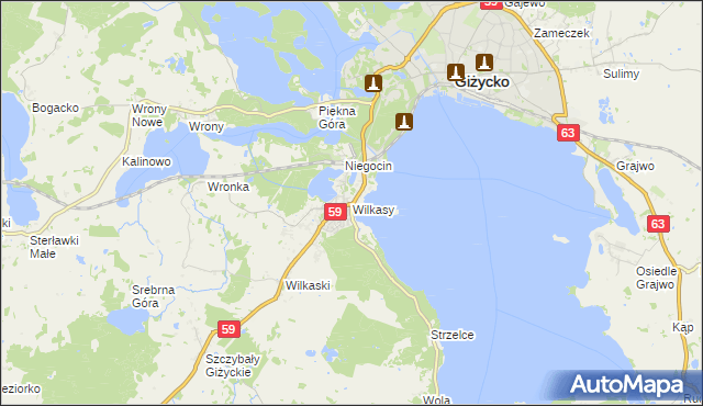 mapa Wilkasy gmina Giżycko, Wilkasy gmina Giżycko na mapie Targeo