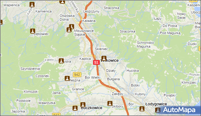 mapa Wilkowice powiat bielski, Wilkowice powiat bielski na mapie Targeo