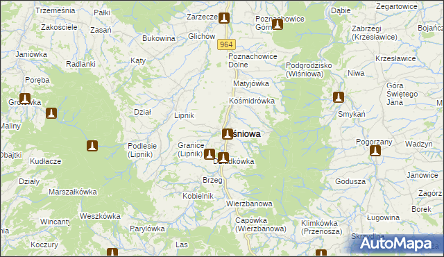 mapa Wiśniowa powiat myślenicki, Wiśniowa powiat myślenicki na mapie Targeo