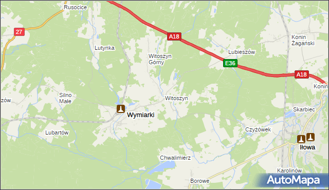 mapa Witoszyn gmina Wymiarki, Witoszyn gmina Wymiarki na mapie Targeo