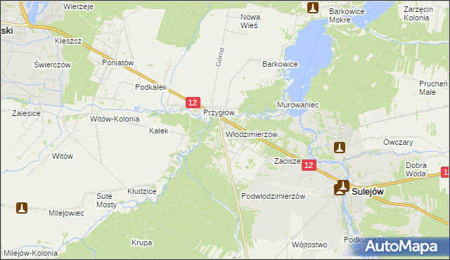 mapa Włodzimierzów gmina Sulejów, Włodzimierzów gmina Sulejów na mapie Targeo