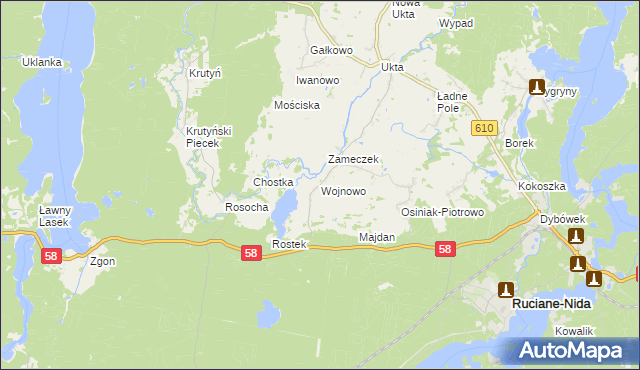 mapa Wojnowo gmina Ruciane-Nida, Wojnowo gmina Ruciane-Nida na mapie Targeo