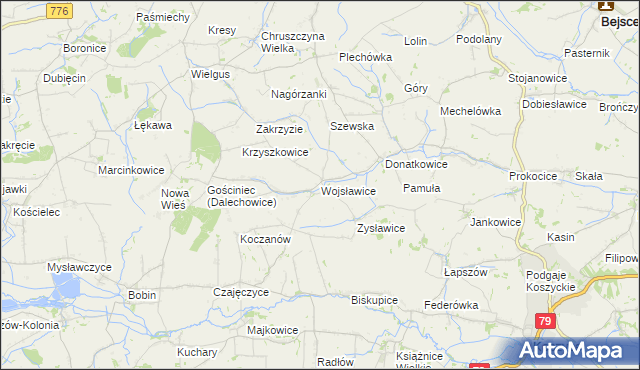 mapa Wojsławice gmina Kazimierza Wielka, Wojsławice gmina Kazimierza Wielka na mapie Targeo