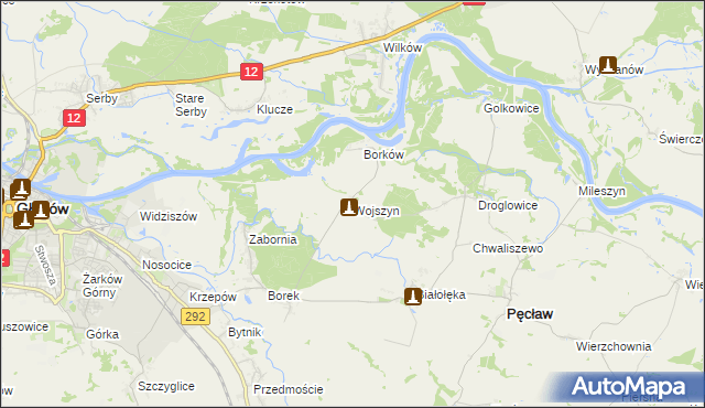 mapa Wojszyn gmina Pęcław, Wojszyn gmina Pęcław na mapie Targeo