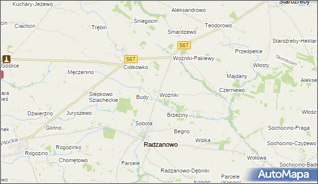mapa Woźniki gmina Radzanowo, Woźniki gmina Radzanowo na mapie Targeo