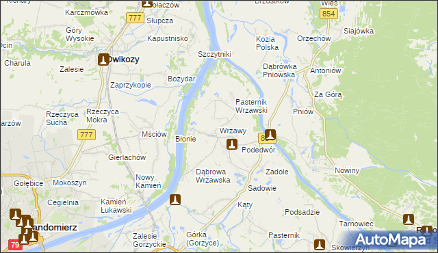 mapa Wrzawy gmina Gorzyce, Wrzawy gmina Gorzyce na mapie Targeo