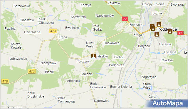 mapa Wylazłów gmina Poddębice, Wylazłów gmina Poddębice na mapie Targeo
