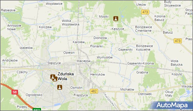 mapa Wymysłów gmina Zduńska Wola, Wymysłów gmina Zduńska Wola na mapie Targeo
