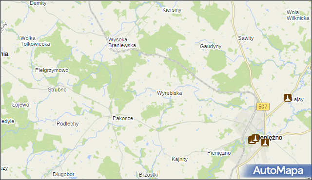 mapa Wyrębiska gmina Pieniężno, Wyrębiska gmina Pieniężno na mapie Targeo
