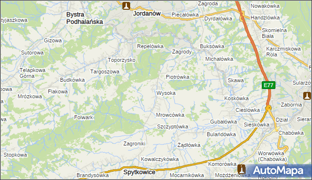 mapa Wysoka gmina Jordanów, Wysoka gmina Jordanów na mapie Targeo