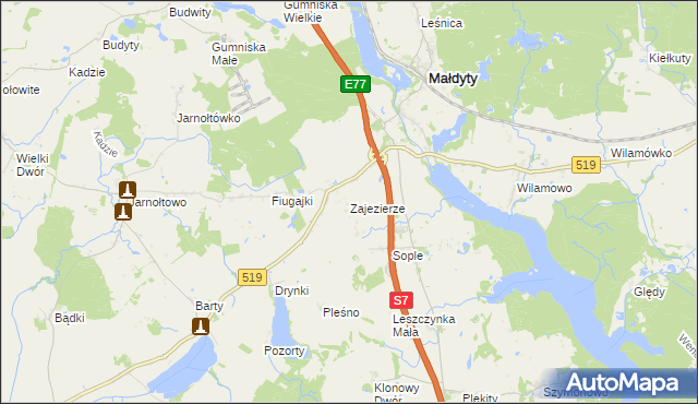 mapa Zajezierze gmina Małdyty, Zajezierze gmina Małdyty na mapie Targeo