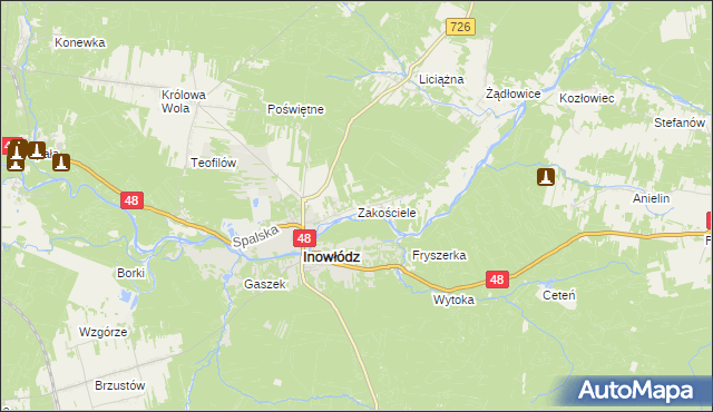 mapa Zakościele gmina Inowłódz, Zakościele gmina Inowłódz na mapie Targeo