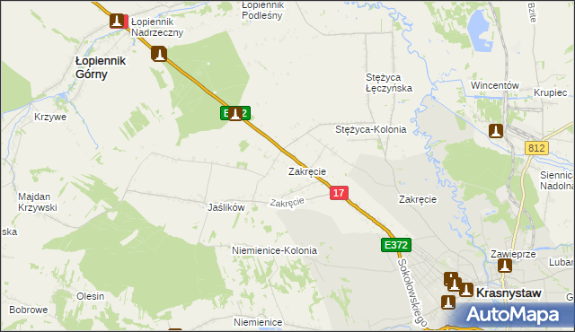 mapa Zakręcie gmina Krasnystaw, Zakręcie gmina Krasnystaw na mapie Targeo