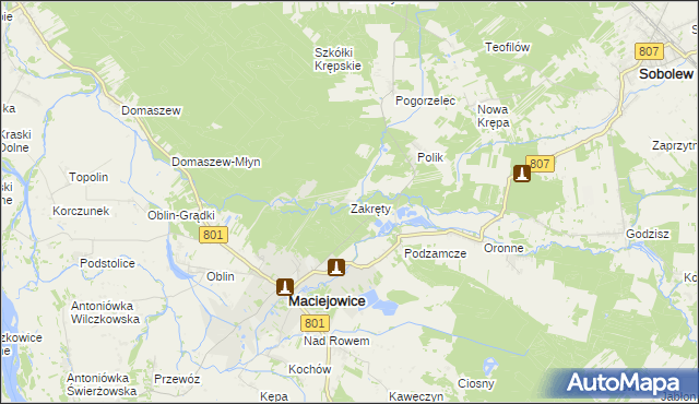 mapa Zakręty gmina Maciejowice, Zakręty gmina Maciejowice na mapie Targeo