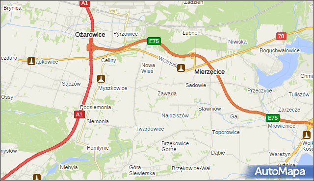 mapa Zawada gmina Mierzęcice, Zawada gmina Mierzęcice na mapie Targeo