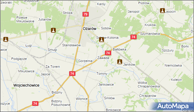 mapa Zawada gmina Ożarów, Zawada gmina Ożarów na mapie Targeo