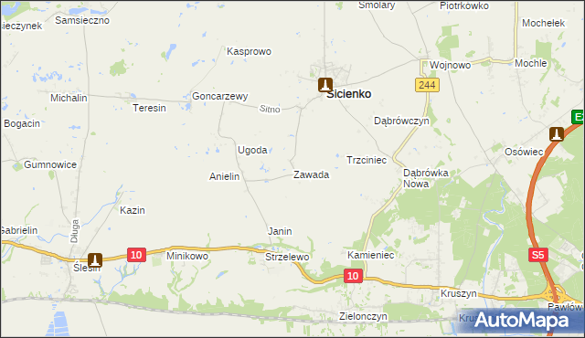 mapa Zawada gmina Sicienko, Zawada gmina Sicienko na mapie Targeo
